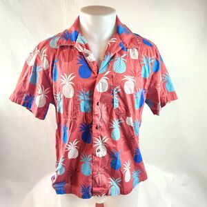 California Cowboy Button Up Shirt Men Large Red Pineapple Hawaiian Aloha Pocket